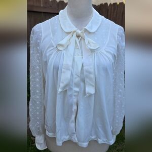 Luxite Vintage 50s Cream Long Sleeve Blouse with Bow Detail Size Large